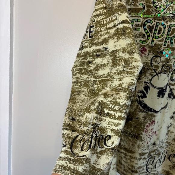 Y2K Sequin Printed Beaded Long Sleeve Espresso Graphic Top - Size XL(Fits Medium - Picture 9 of 11